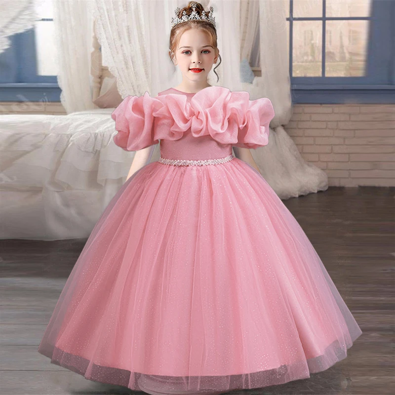 New 4-12 Years Old Children Dress Girls Princess Dress Beaded Satin Bow Party Costume Elegant Girls High-end Venue Dress