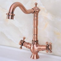 Antique Red Copper Bathroom Basin Sink Faucet 360 Swivel Spout Double Cross Handle Bath kitchen Mixer Hot and Cold Tap Lnf618