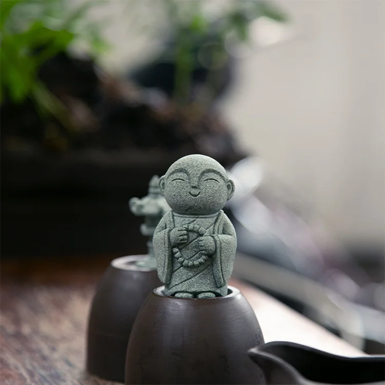 Buddha Stone Statue Little Buddhist Monks Garden Decor Cute Green Sand Tea Pet Fish Tank Garden Ornament Home Aquarium