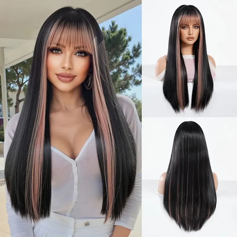 

ESIN Long Straight Black Natural Synthetic Wig with Bangs Pink Highlight Wigs for Women Party Cosplay Use Wigs High Temperature