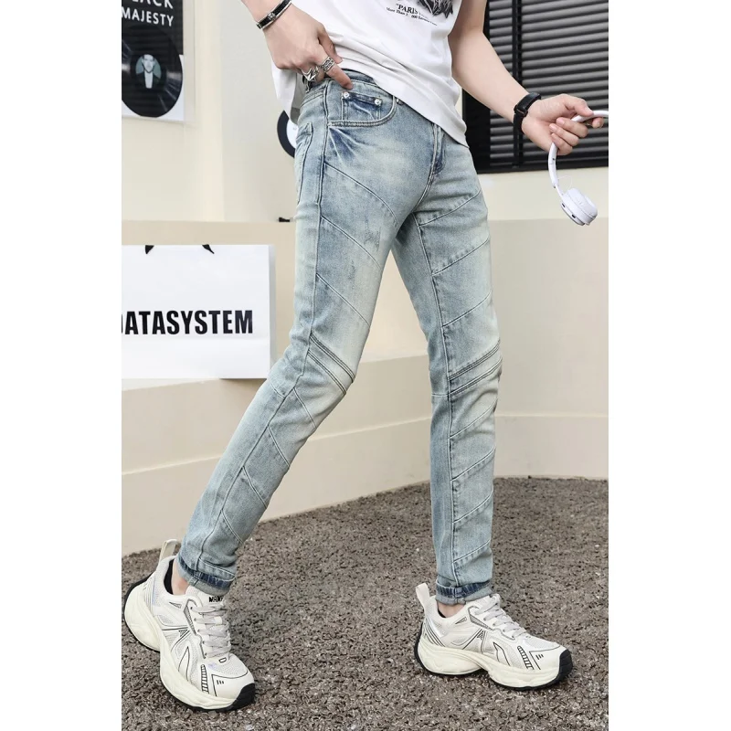 

Fashion jeans men2024new trendy unique Stretch Slim high-end retro washed splicing machine long pants