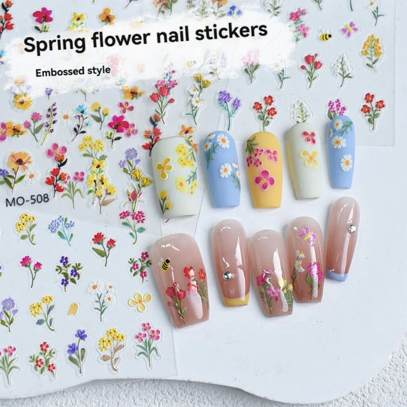 Small wild flower embossed nail art retro camellia sticker Three-dimensional small Daisy rape flower nail paste crushed petals