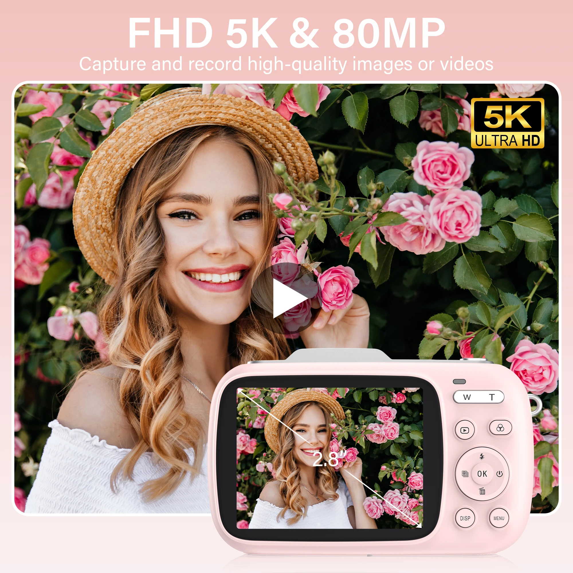 5K 80MP Digital Cameras Girls Camera for Photography Video Vlogging Camcorder 18X Zoom Compact Cameras for Kids Beginner Camera