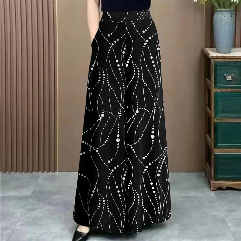 Ice Silk Floral Wide-leg  in Summer New High-waisted Slim Casual Temperament Mother Pants Skirt
