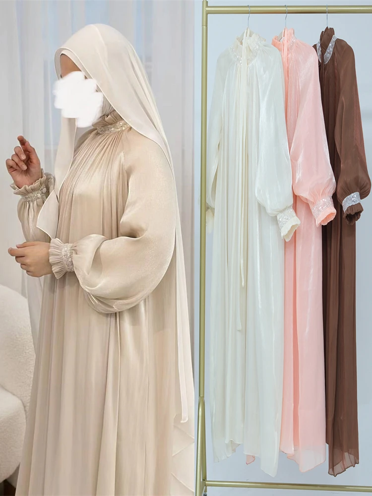 Ramadan Eid Satin Shimmer Sequin Abaya Dubai Luxury Muslim Kaftan African Dresses For Women Caftan Marocain Robe Femme Musulmane