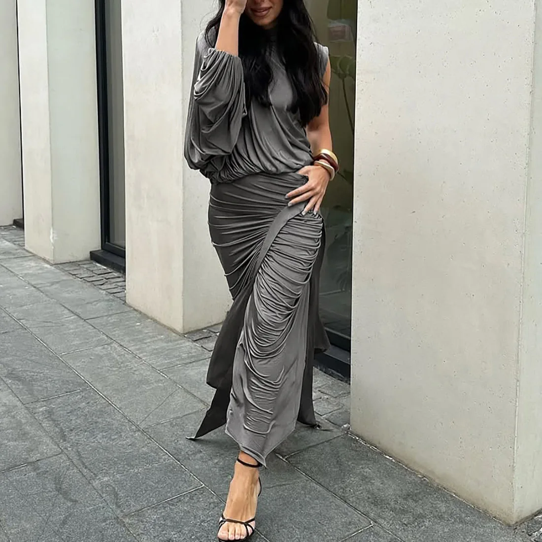 

DSMTRC Fashion 2025 2 Piece Set Outfit Women Elegant One Shoulder Long Sleeve Tops Long Ruched Sexy Night Club Party Skirt Dress