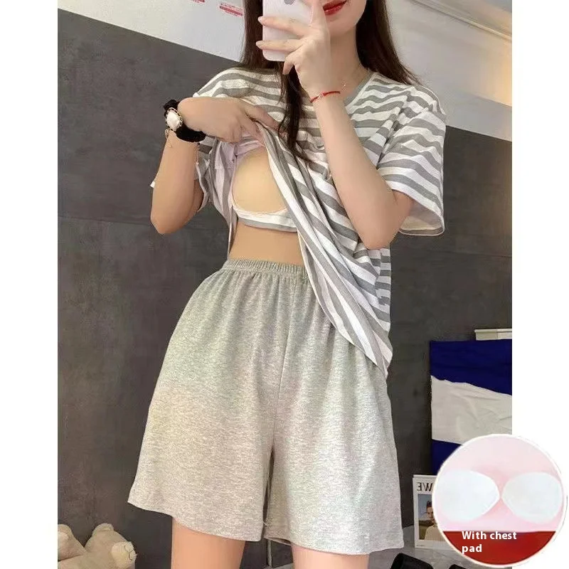 New Pajamas Loungewear Set Women\'s Summer Short Sleeve Striped With Chest Pad Students Can Wear Loungewear Set Women\'s Homewear