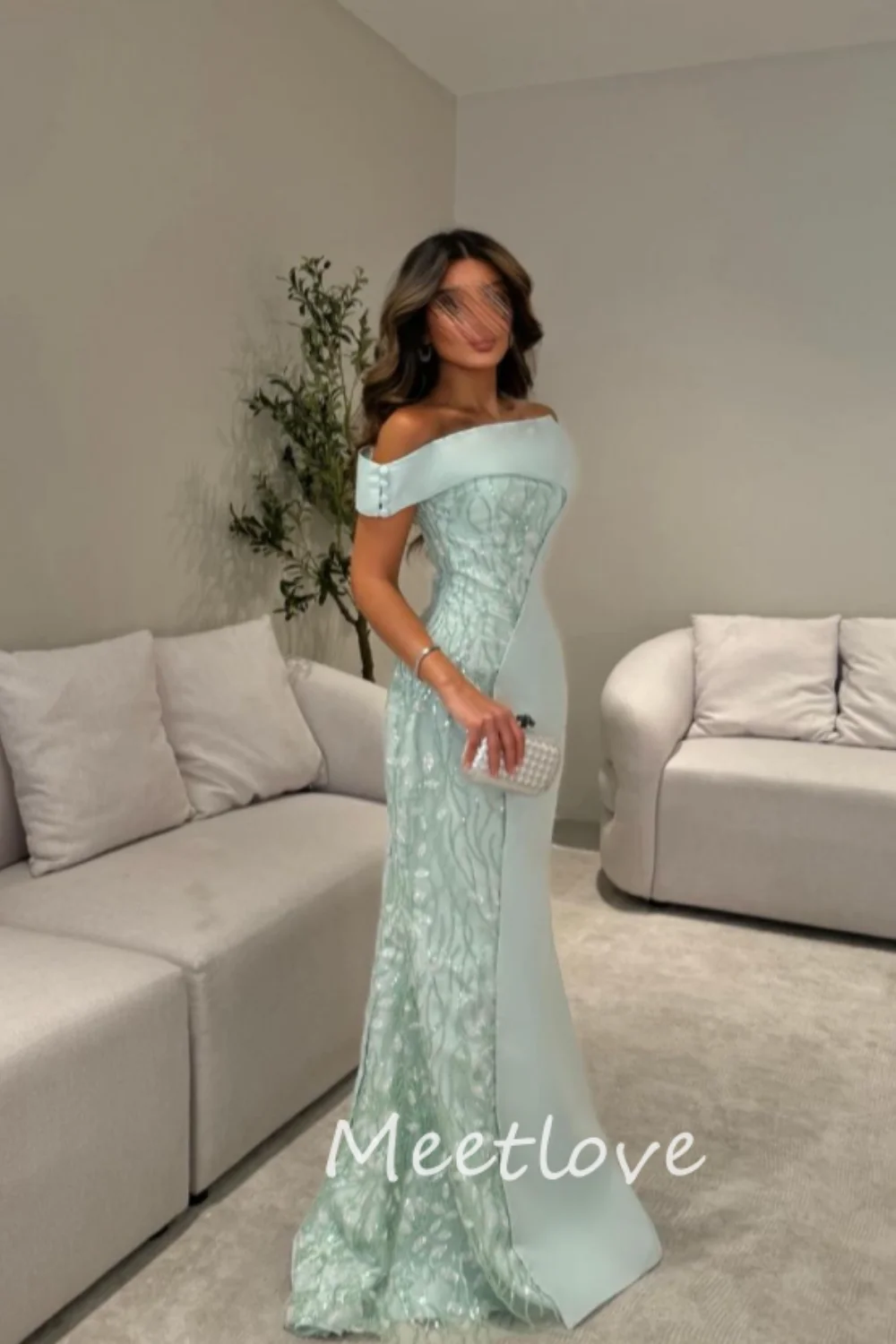 Meetlove 2024 Customized Sheath Off Shoulder Sleeveless Sequins Floor Length Formal Prom Dress Luxury Evening Dress