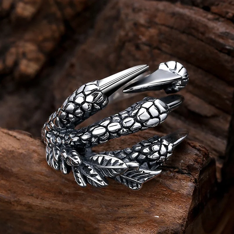 Vintage Stainless Steel Silver Dragon Claw Adjustable Opening Ring Tibetan silver Eagle Animal Rings for Men Women Punk Jewelry