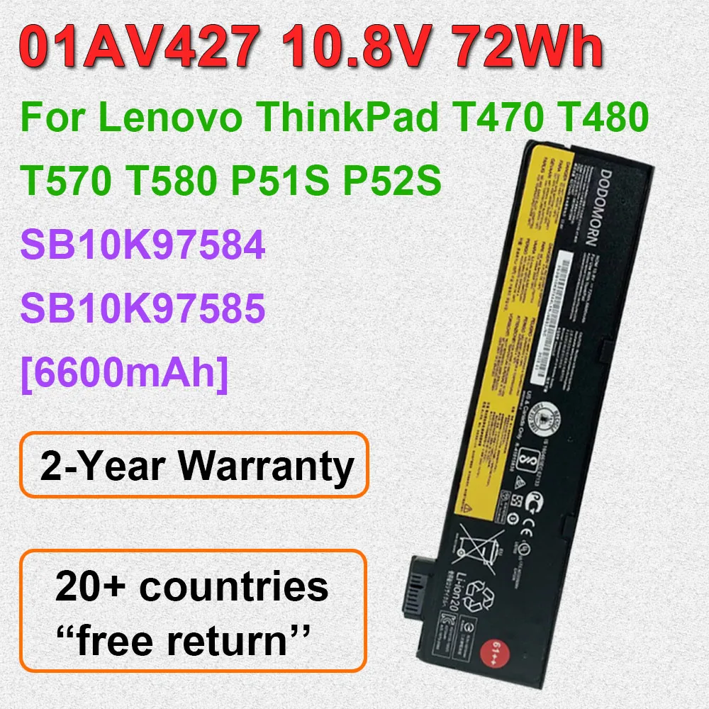 DODOMORN Laptop Battery For Lenovo ThinkPad T470 T480 T570 T580 P51S P52S A475 A485 Series SB10K97584 01AV427 10.8V 72Wh OEM