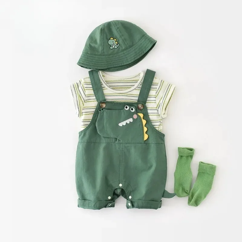 Baby Girl Boy Summer Set Cartoon  Dinosaur Strap Overalls+Striped Children's Short Sleeves Pullover T-shirt Two Piece Suit