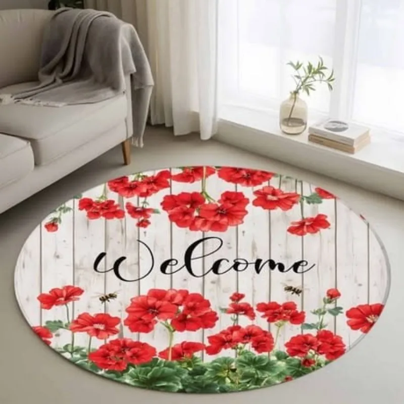Welcome Circular Mat Red Flower White Wood Grain Printed Living Room Sofa Lounge Entrance Round Carpet