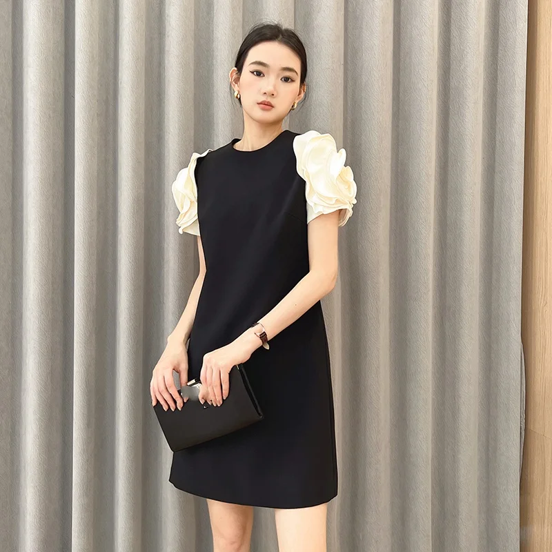 

Three-dimensional flower sleeve high waist A line show thin dress high quality luxury niche designer brand old money style