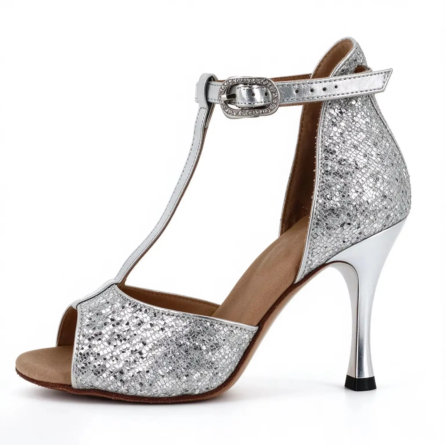 Evk Women's Latin Dance Sandals Silver Glitter Salsa Ballroom Tango Dance Shoes Girls Party Dancing Footwear 7cm Dance Heels
