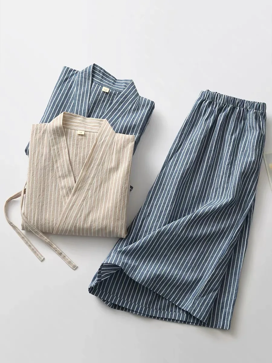 

Японское полосатое кимоно, шорты, комплект юката, мужской традиционный комплект домашней одежды, комплект домашней одежды из 100% чистого хлопка, одежда для сна