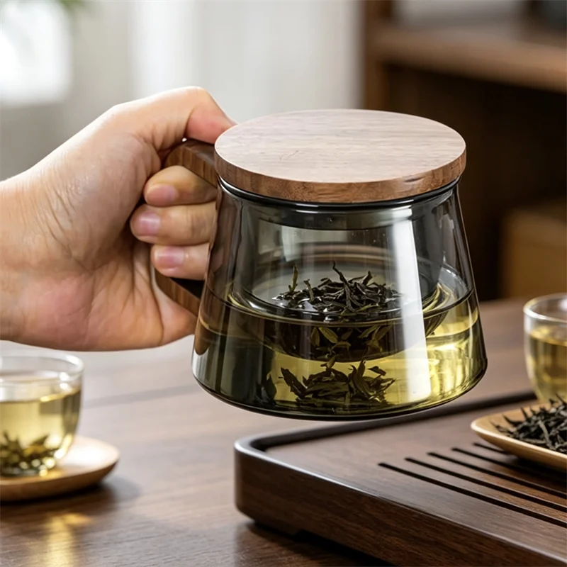 340ml Wooden Handle Heat Resistant Glass Tea Mug with Lid Removable Infuser Water Tea Separation Office Brewing Cup