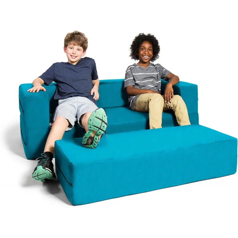 Jaxx Zipline Kids Sofa & Large Ottoman, 3 in 1 Fold Out Sofa, Big Kids Edition, Teal