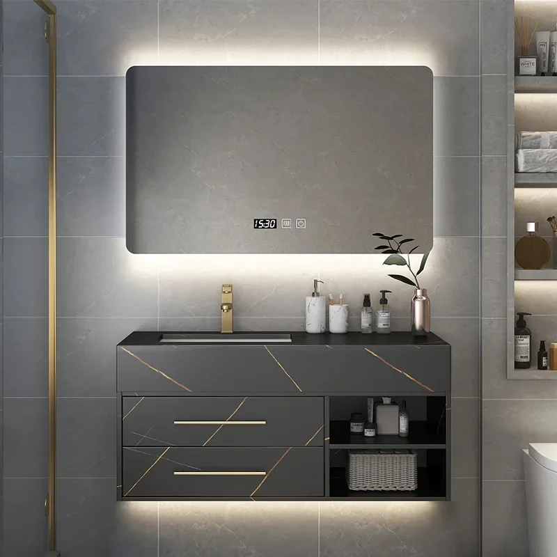 

Rock slab bathroom cabinet light luxury wall-mounted smart mirror washbasin cabinet combination washbasin black widened cabinet