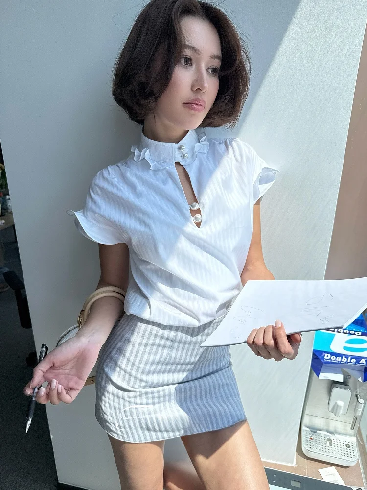

Ele Ladylike Ruffle Collar irt ort Sve Button up Faionable for All Ages Autumn Spring Summer Casual Wear