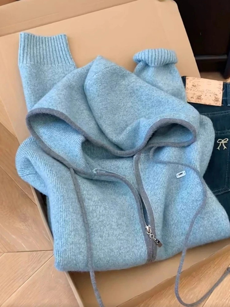 

Double Zipper Hooded Knitted Open Cardigan Women's Loose Slim Soft Sweater Autumn New in Style Casual Korean Style Sweater