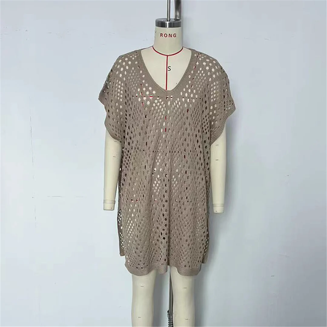 Kurzarm-Tunika mit Aushöhlungen, einfarbig, gehäkelt, gestrickt, Strand-Cover-up, Strandkleid, Strandmode, Damen V8535 – Detail 15