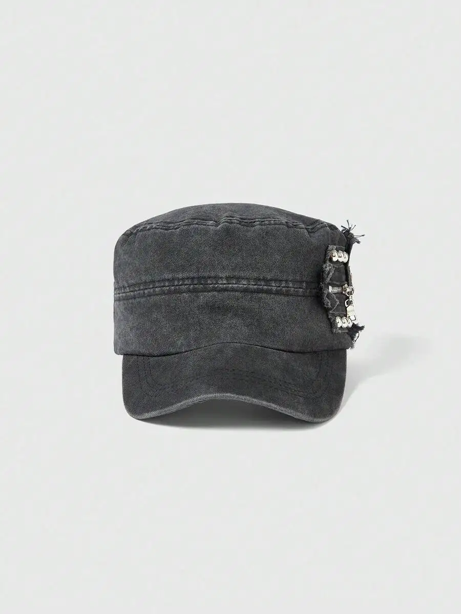 

Grunge Punk Vintage Rivet Washed Flat Top Cap Distressed Denim Military Style