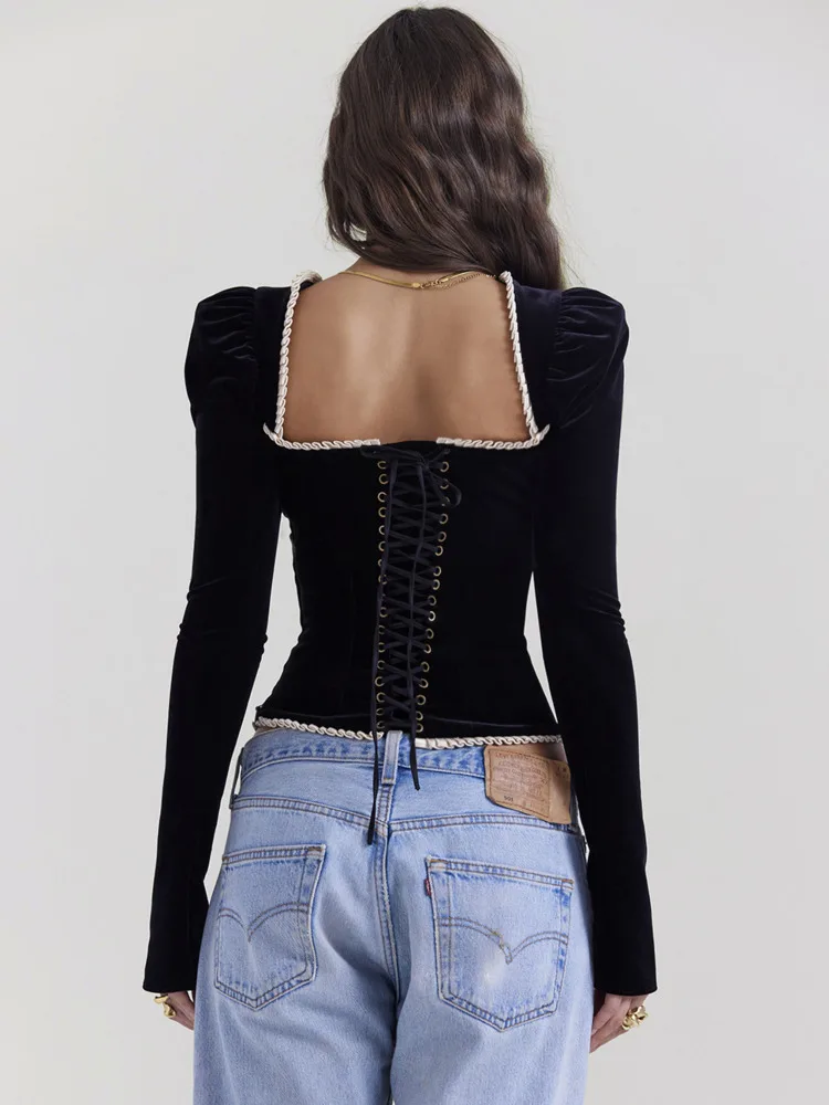 Articat Elegant Velvet Long Sleeved Tight T-shirt For Women Sexy Square Neck Slim Backless Lace Up Female Top Fashion Streetwear