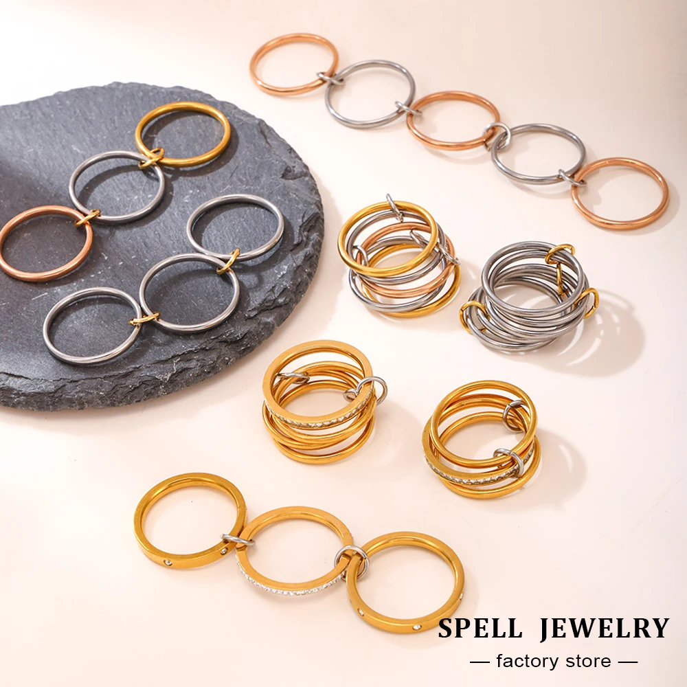 Mehrfarbige Glieder, gestapelte Edelstahlringe für Frauen, 18 Karat vergoldet, kein Ausbleichen, Rock-Hip-Hop-Stil, Damenring, weibliche Ringe