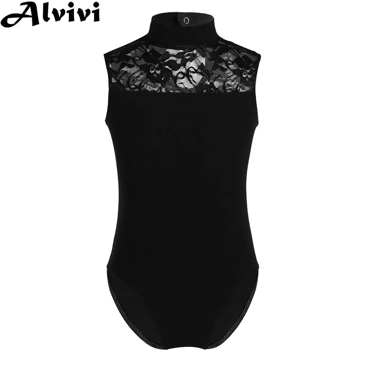 Kids Girls Ballet Dance Gymnastics Leotard Sleeveless Solid Turtle Neck Lace Bodysuit for Figure Skating Yoga Dancing Class