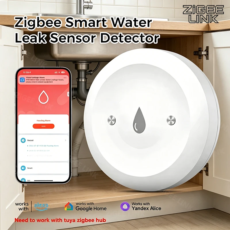 Sensor Inteligente de Fugas de Agua Zigbee 3.0, Monitoreo Remoto por Aplicación Smart Life, Alerta de Inundación, Seguridad Contra Desbordamientos, Compatible con Tuya, Alexa y Google Home