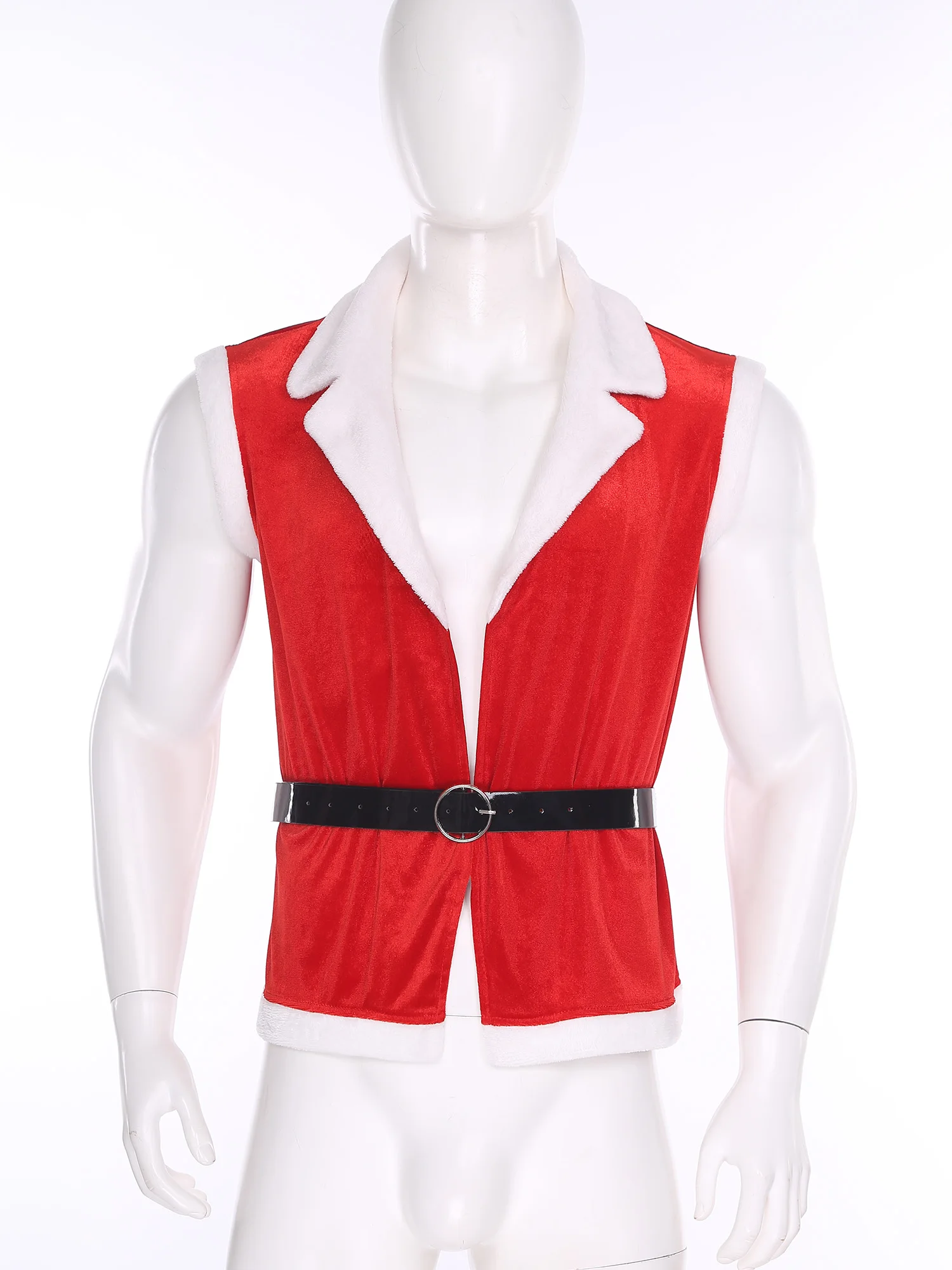 Men Christmas Velvet Vest Xmas New Year Party Carnival Santa Claus Cosplay Costume Open Front Waistcoat with Faux Leather Belt