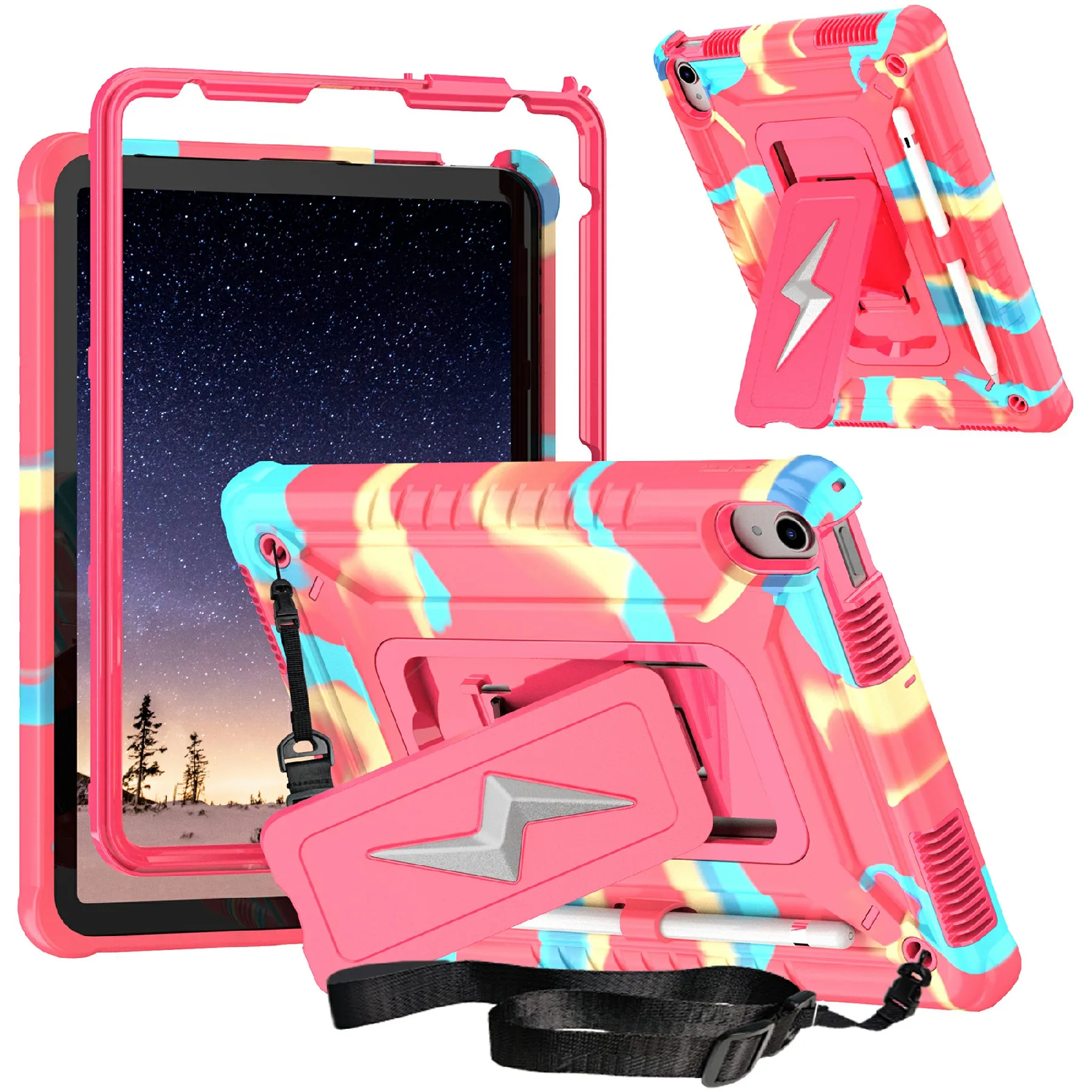 

For iPad (2025) / 10.9 (2022) Case Kickstand PC + Silicone Tablet Cover with Shoulder Strap - Camouflage Rose + Rose