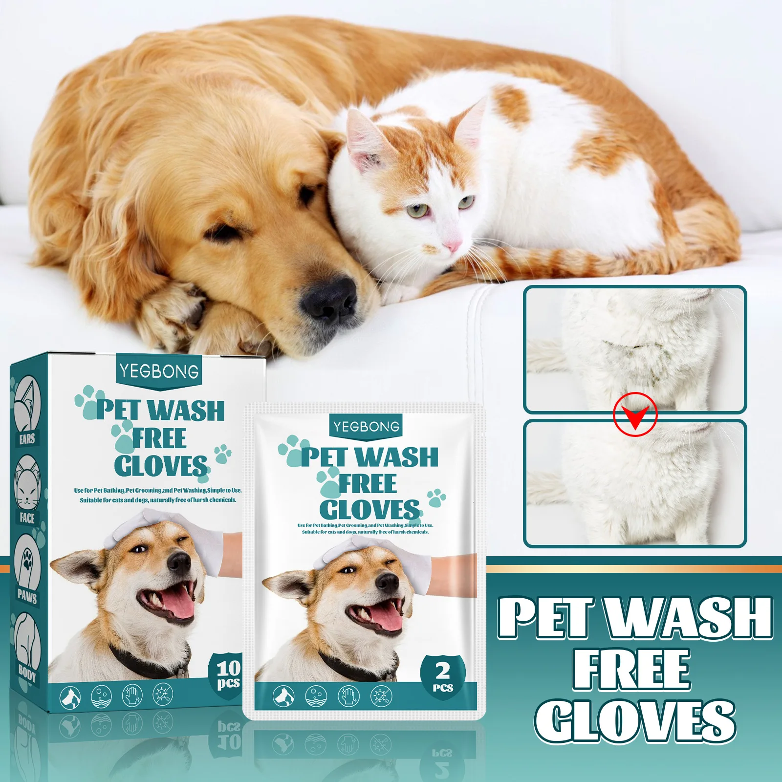 Yegbong-Wash Free Gloves for Pets, Dry Cleaning Gloves, Spa Baths, Remove Odors, Cleaning, Care, Dogs, Cats