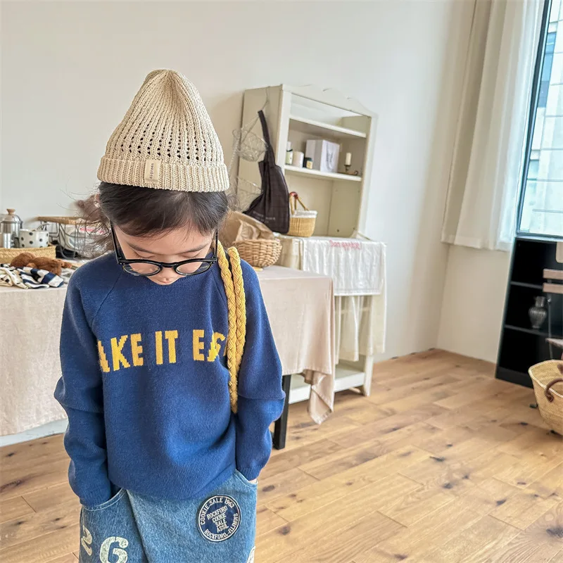 

2024 spring Kids letters jacquard sweater Boys Girls soft loose O-Neck knit pullover