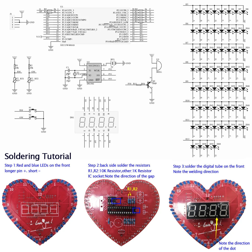 diy Electronic clock heart-shaped flash led love creative DIY sodering kit creative gifts time/temperature display for beginner