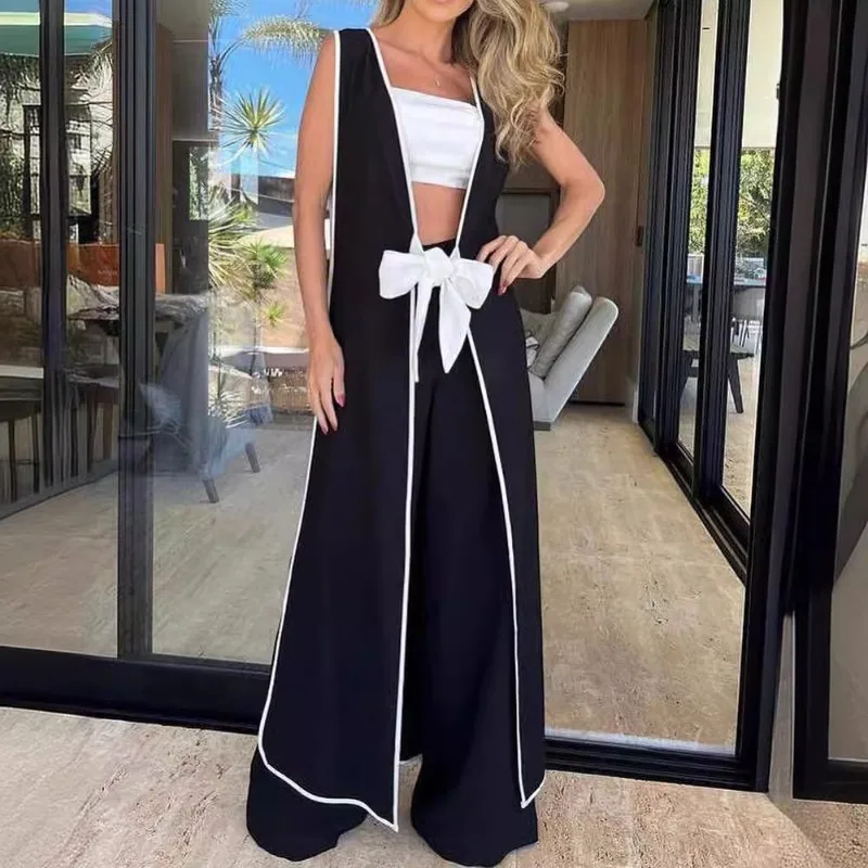 2024 Spring New Loose Two-Piece Suit Women\'s Sleeveless Cardigan Lace up Bow Long Top High Waist Wide Leg Pants Trousers Suit