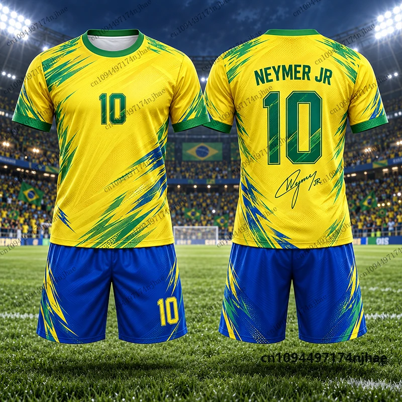 Children‘s Tracksuit Brazil Fans Neymar No.10 Print T-Shirt+Shorts Sets Football Jersey Suit Sports Kids/Adult 2 Piece Outfits