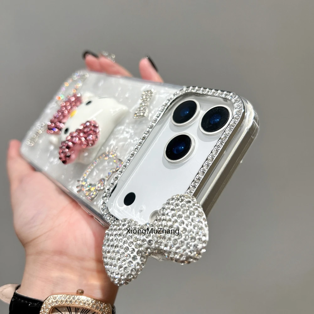 3D-Stereoskopische Handyhülle für iPhone 18 17 16 15 14 13 12Pro Max Niedliche Cartoon Sanrio Hello Kitty Schleife Glitzernde Lanyard-Hülle – Detail 6