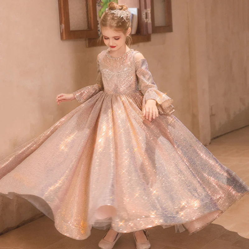 

Детское торжественное платье, платье принцессы на день рождения, с цветочным узором для маленьких девочек, наряд для выступлений на фортепиано, весна-осень
