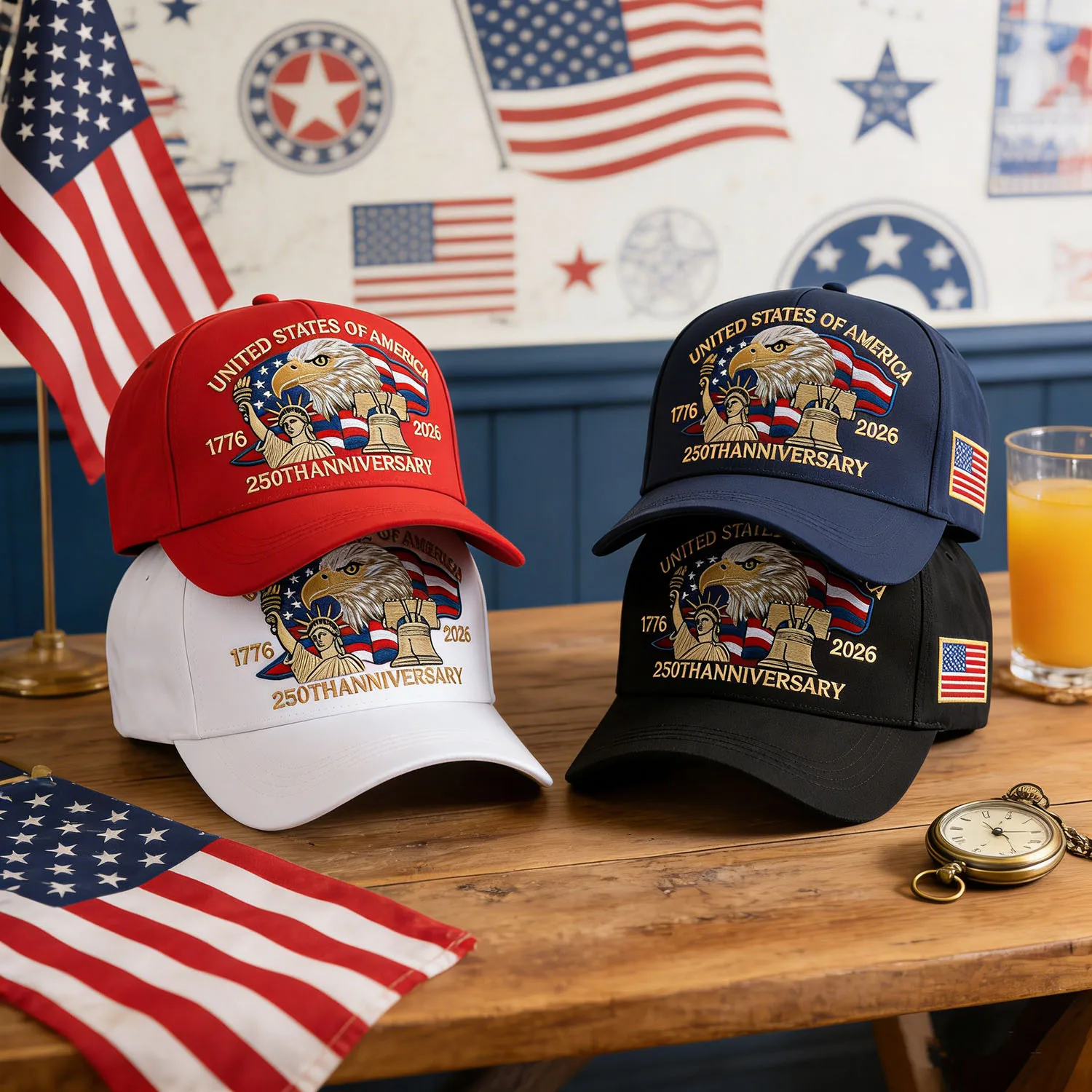 ABLECAP 250th Anniversary USA Hat Patriotic Full Embroidered Baseball Cap Unisex New Year Gift Baseball Hats for Men And Women