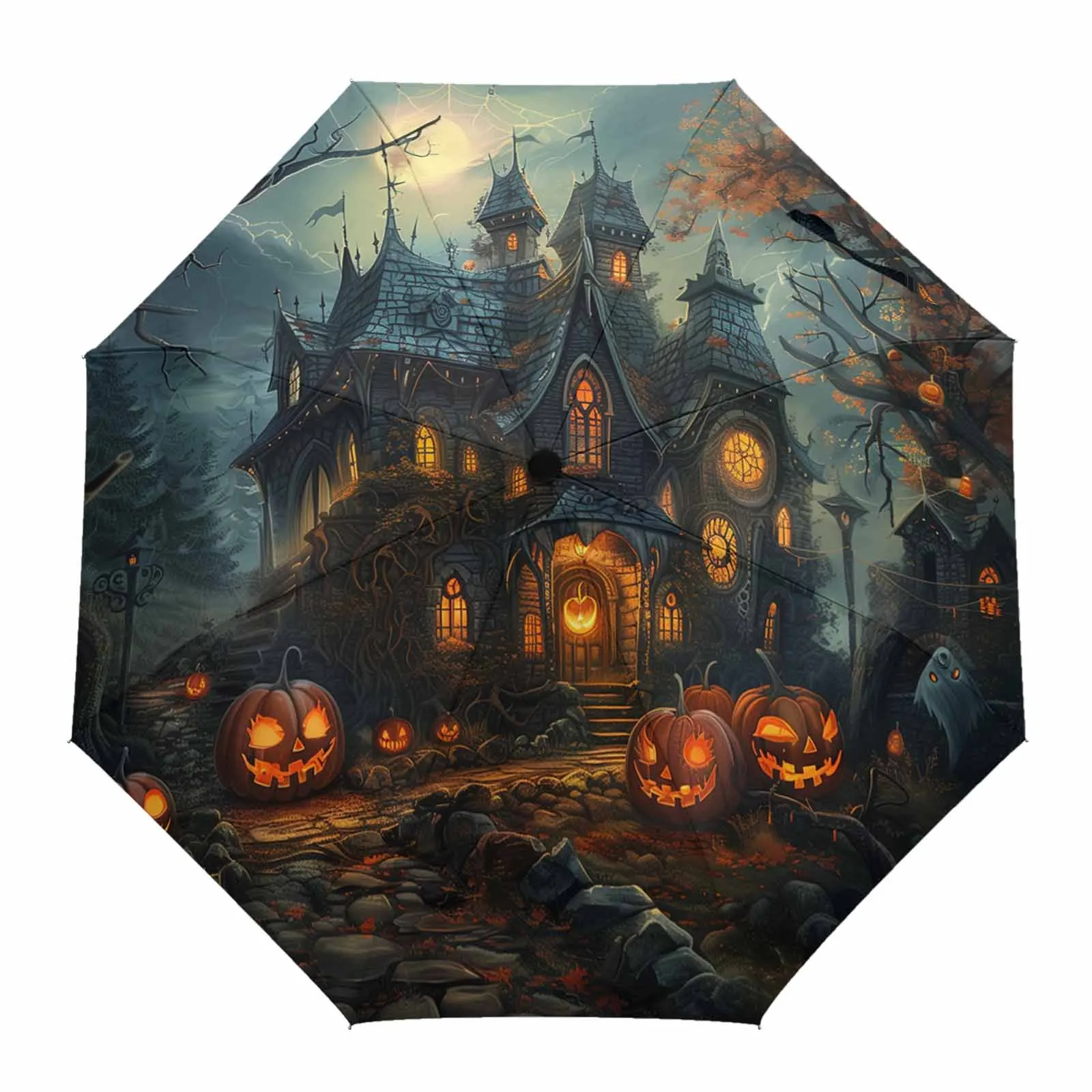 Halloween Castle Pumpkin Retro Bat Grove Outdoor Beach Printed Rain Umbrella for Women Fully-automatic Foldable Sun Umbrella