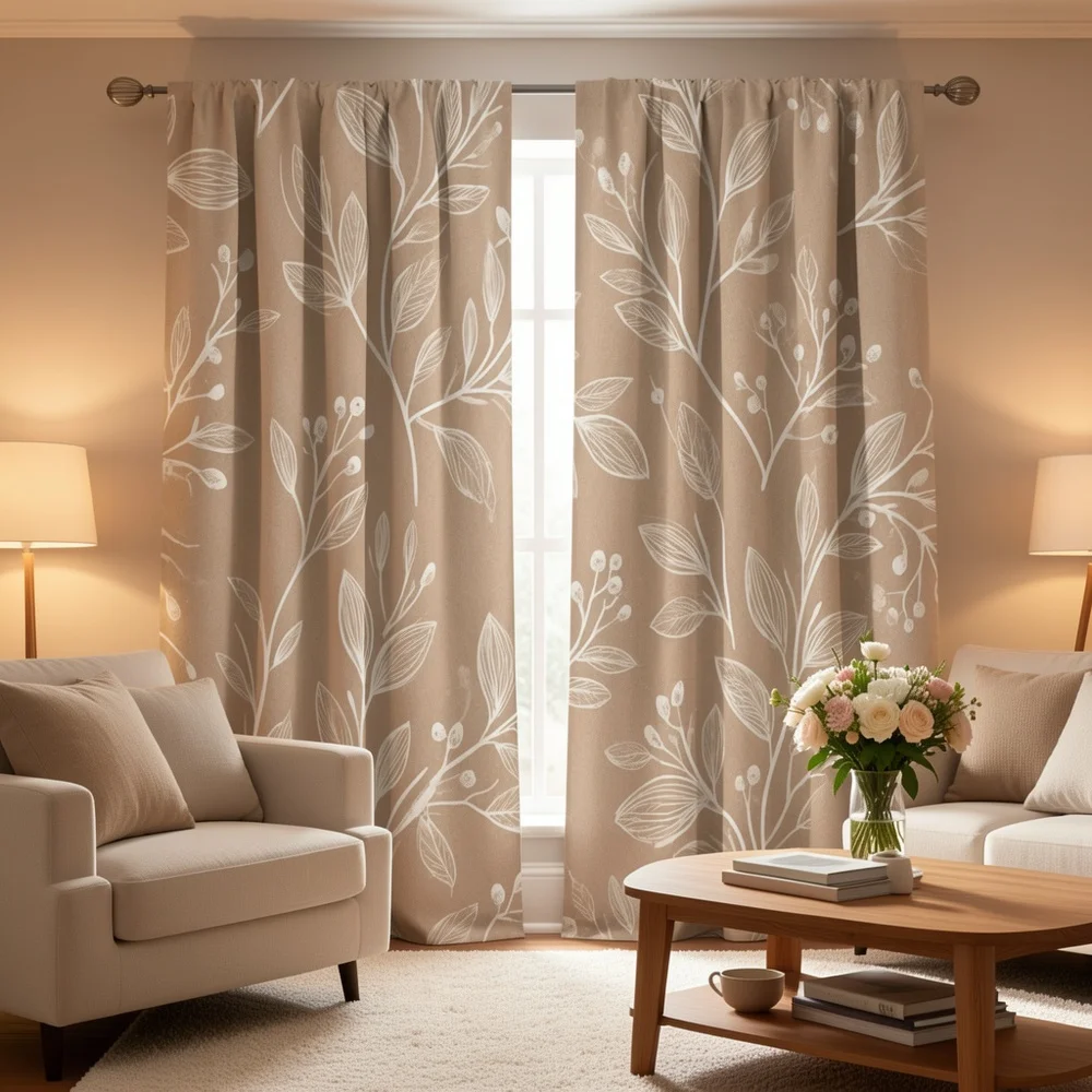Elegant Botanical Leaf Print Curtains Beige Neutral Boho Style Drapes Window Panels for Living Room Bedroom Home Decor Curtain
