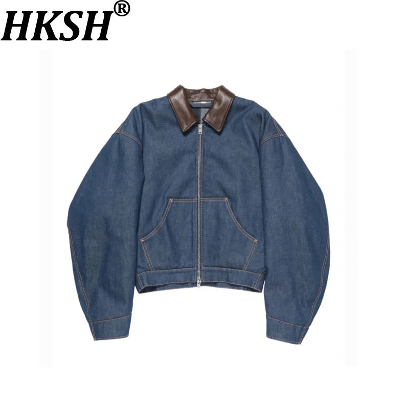 

HKSH Spring Autumn New Man Tide Punk Loose Fit Safari Style Patchwork Sheepskin Collar Denim Jacket Dark Chici Ins Coat HK10511