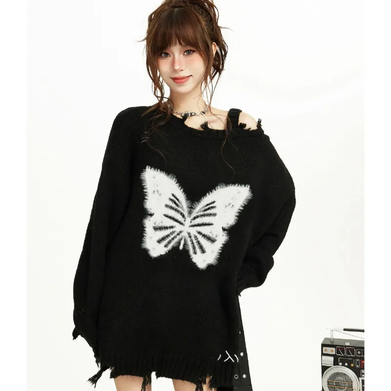

Женский свитер с открытыми плечами Y2K, черный Свободный пуловер в стиле ретро с рукавами оверсайз на осень и зиму
