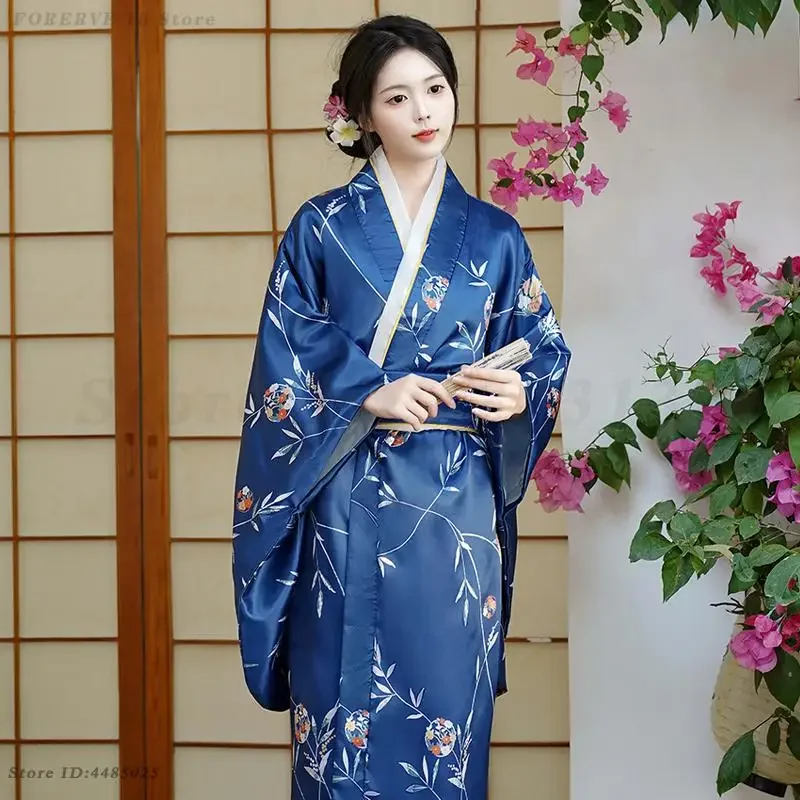 Japan Kimono Gown Performance Cosplay Costume Women Vintage Blue Kimonos Asian Style Sexy Yukata