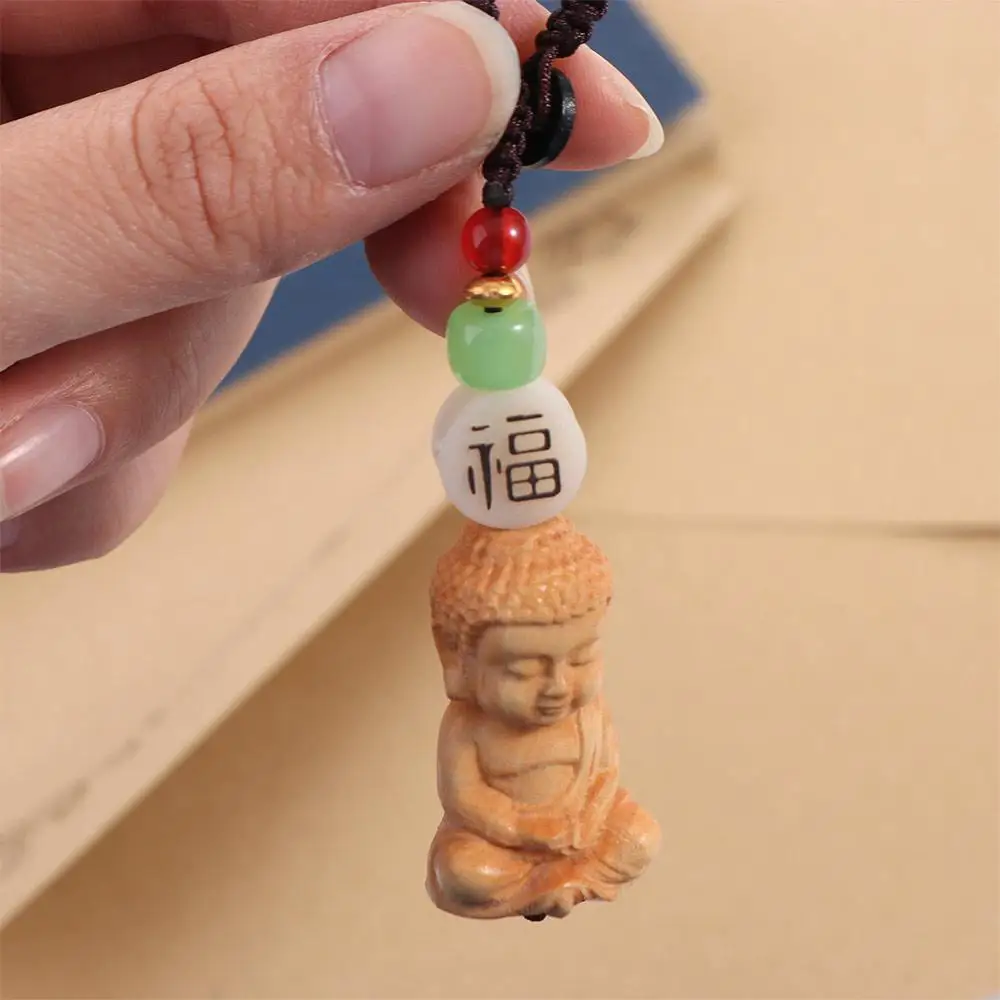 Men Women Boxwood Buddhist Keychain Handcarved Wooden Tathagata Buddha Lanyard Natural Monk Buddhist Keyring Carving Pendant