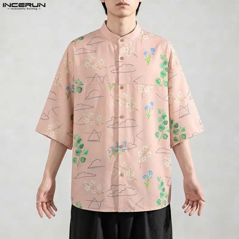 INCERUN Men's Shirt Printing Stand Collar Half Sleeve Button Men Clothes Summer Streetwear Loose 2026 Casual Tops Shirts For Man