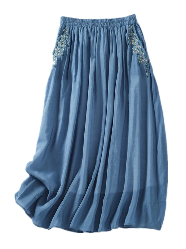 Gonna longuette in lino di cotone Ele Gonna longuette da donna estiva 2025 dimagrante con ricamo etnico Gonna artistica per pendolari