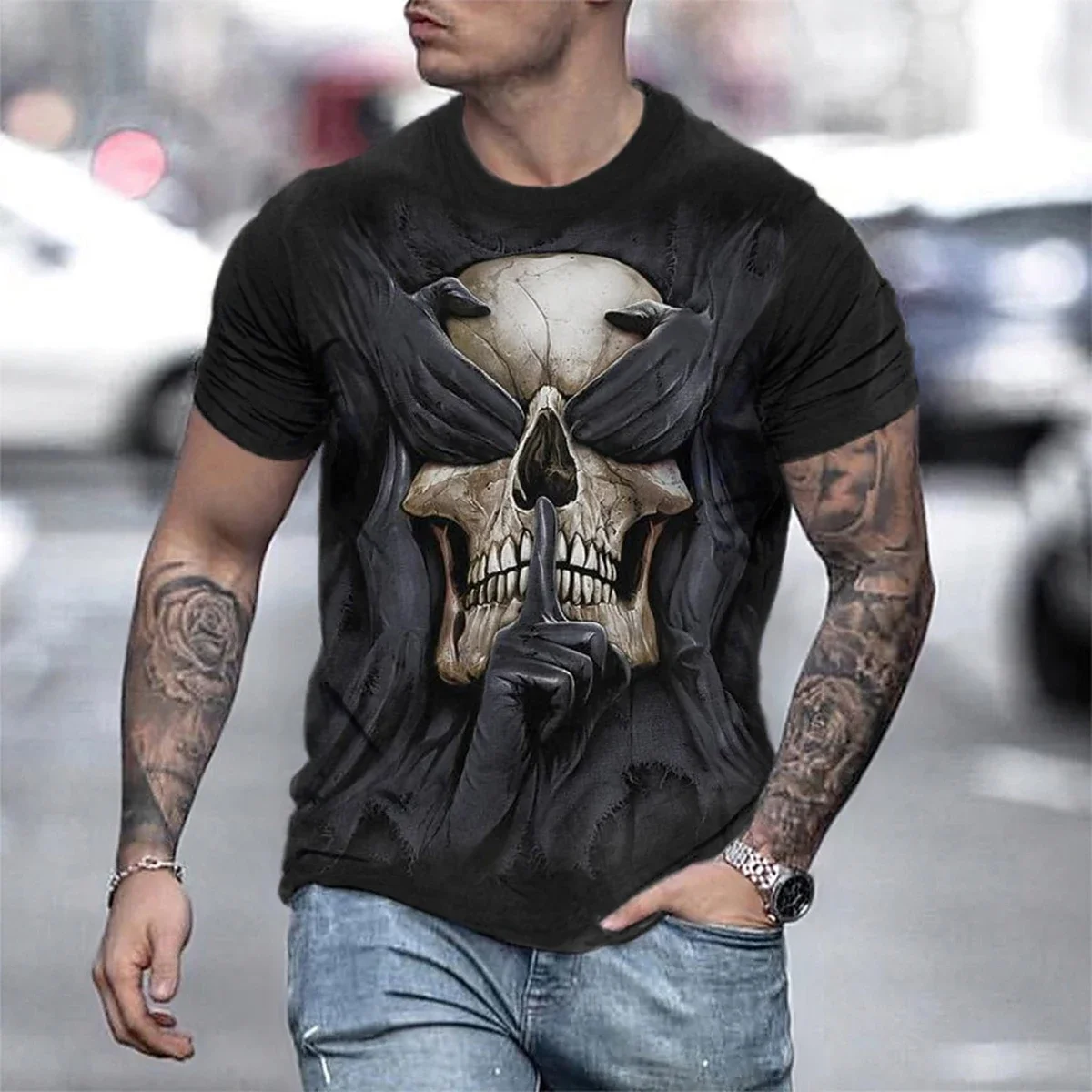 Trendy Men 3D Gothic Skull T-shirt Black Round Neck Short Sleeve Street Style Halloween Eye Catching Fashion Casual Tops