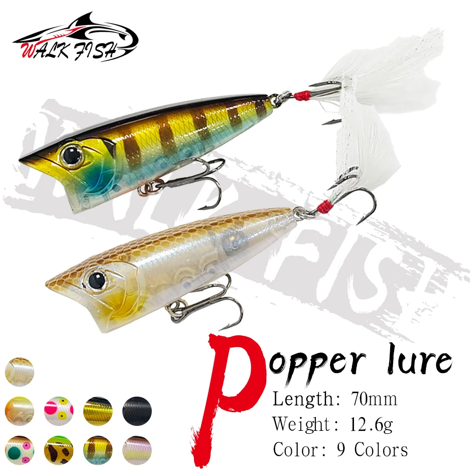 WALK FISH 1 Stück 70MM/12,6G Popper Angelköder Oberflächenköder für Barsch und Hecht Weitwurf Schwimmender Wobbler Angelzubehör Harter Köder